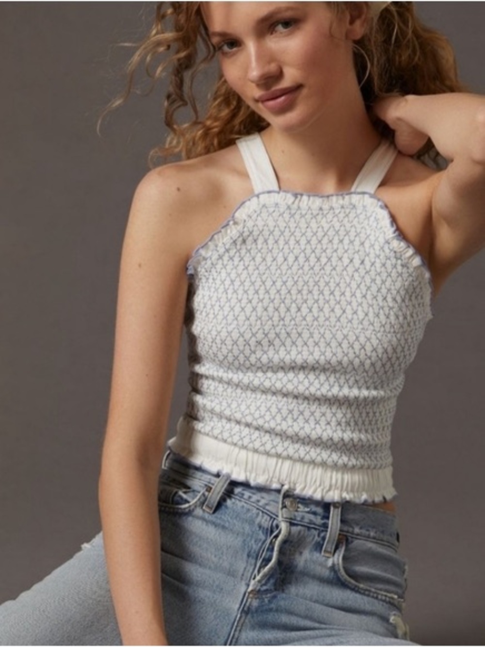Smocked Halter Top By Anthropologie White & Blue Size L